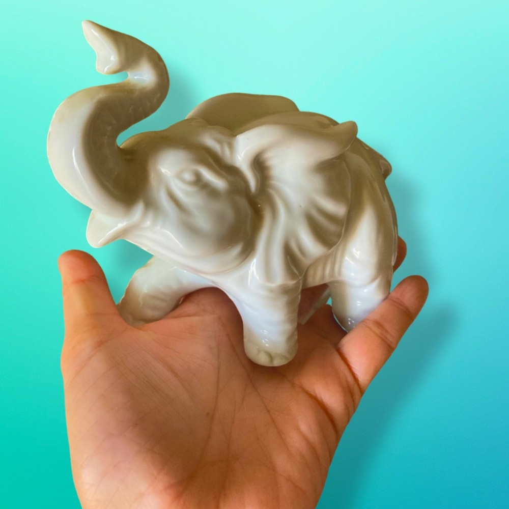 Vintage White Porcelain Elephant Figurine by Toyo, Japan with Raised Trunk